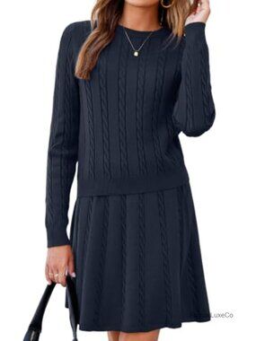 Womens 2 Piece Cable Knit Sweater Top & Pleated Mini Skirt Set Fall Winter